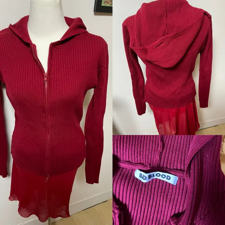 [BUNJANG] BAD BLOOD Red Gingham Knit Hoodie Zip-Up M / BAD BLOOD 배드블러드, 레드 컬러 후드 집업