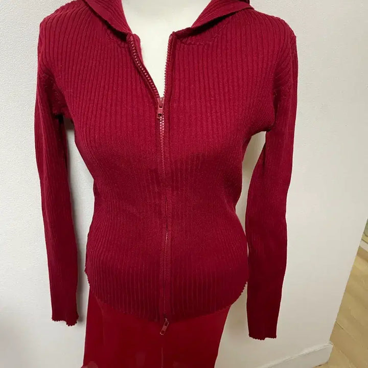 [BUNJANG] BAD BLOOD Red Gingham Knit Hoodie Zip-Up M / BAD BLOOD 배드블러드, 레드 컬러 후드 집업