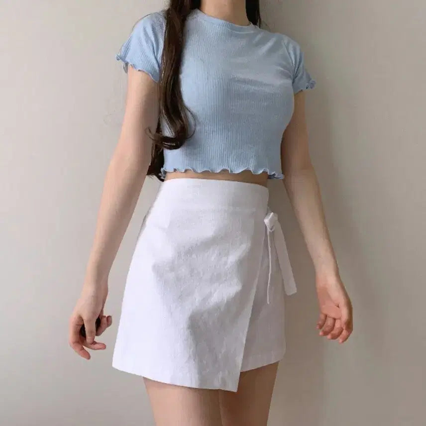 [BUNJANG] Wave Pattern Ribbed Cropped T-Shirt / 물결 라운드 골지 크롭티셔츠