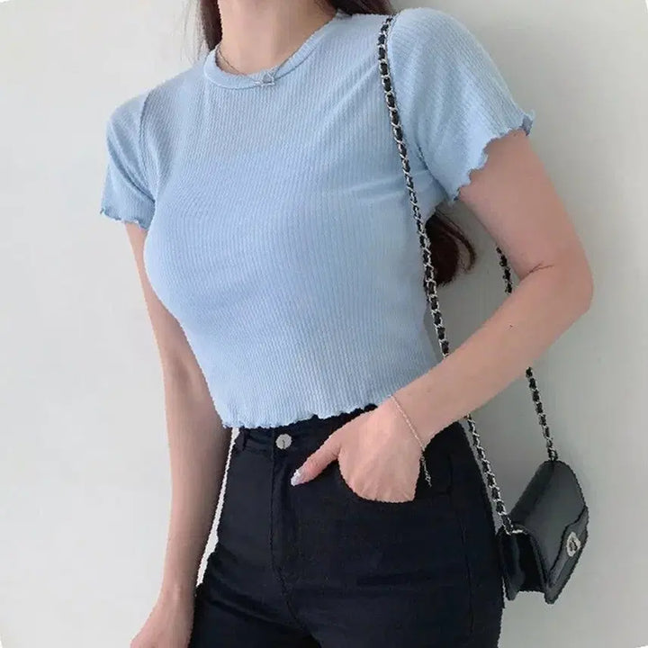[BUNJANG] Wave Pattern Ribbed Cropped T-Shirt / 물결 라운드 골지 크롭티셔츠