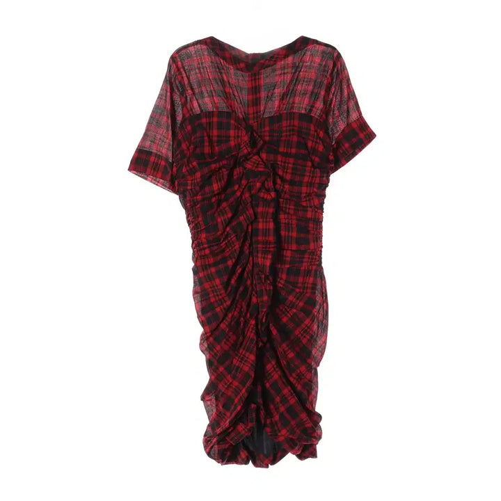[BUNJANG] Isabel Marant Red Checkered Shirring Drape Short Sleeve Dress / 이자벨마랑 체크 패턴 셔링 드레이프 반팔 드레스 원피스 레드