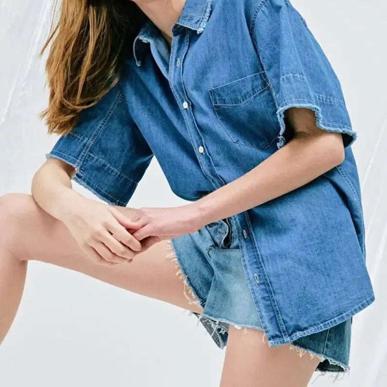 [BUNJANG] System Denim Fringe Blouse Jacket / 한섬 시스템 SYSTEM 데님 반팔 셔츠 프린지 청블라우스블루여름남방자켓