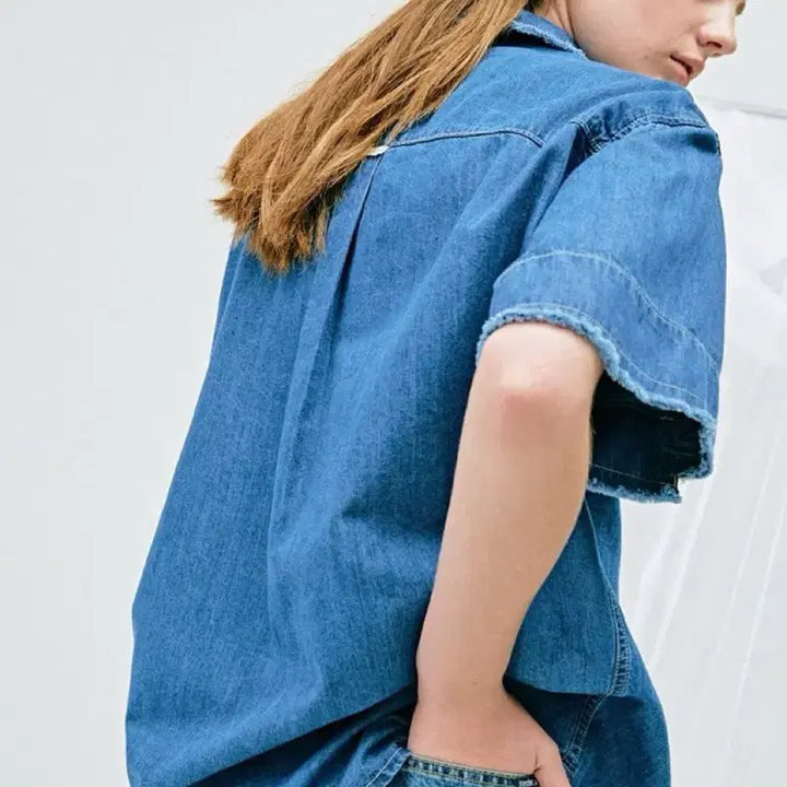 [BUNJANG] System Denim Fringe Blouse Jacket / 한섬 시스템 SYSTEM 데님 반팔 셔츠 프린지 청블라우스블루여름남방자켓
