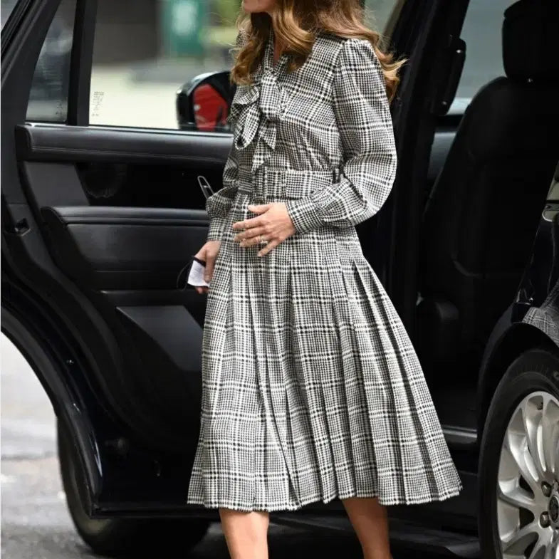 [BUNJANG] ZARA Houndstooth Check Pattern Tie Pleated Long Dress / 자라 ZARA 하운드투스 체크 패턴 타이 플리츠 롱원피스 S사이즈