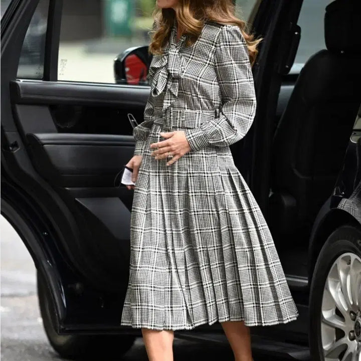 [BUNJANG] ZARA Houndstooth Check Pattern Tie Pleated Long Dress / 자라 ZARA 하운드투스 체크 패턴 타이 플리츠 롱원피스 S사이즈