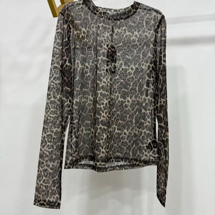 [BUNJANG] Leopard Print See-Through Long Sleeve Top / 레오파드 시스루 망사 긴팔티 66까디