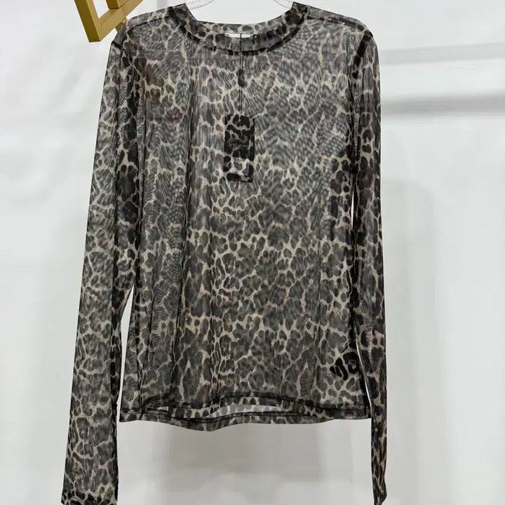 [BUNJANG] Leopard Print See-Through Long Sleeve Top / 레오파드 시스루 망사 긴팔티 66까디