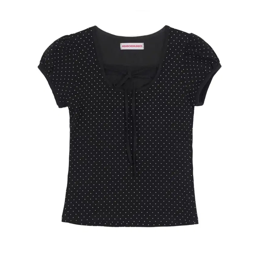 [BUNJANG] Highschooldisco Puff Sleeve Dot Ribbon Short Sleeve T-Shirt Black / 하이스쿨디스코 퍼프소매 도트 리본 숏슬리브 티셔츠 블랙