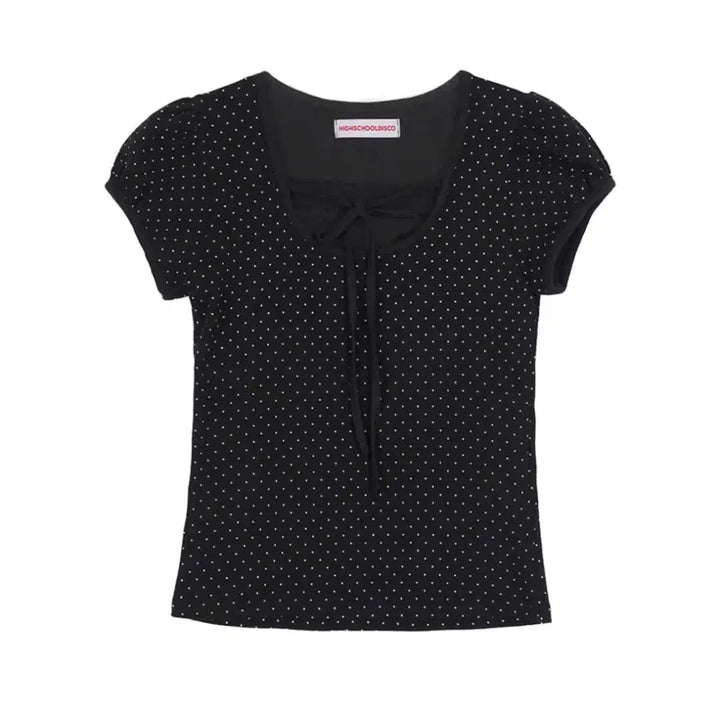 [BUNJANG] Highschooldisco Puff Sleeve Dot Ribbon Short Sleeve T-Shirt Black / 하이스쿨디스코 퍼프소매 도트 리본 숏슬리브 티셔츠 블랙