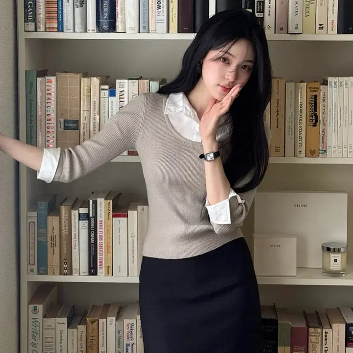 [BUNJANG] Slowand Say Shirt &amp; Layering Knit - Oat Beige / 슬로우앤드 세이 셔츠앤 레이어링 니트 오트베이지