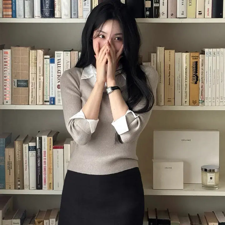 [BUNJANG] Slowand Say Shirt &amp; Layering Knit - Oat Beige / 슬로우앤드 세이 셔츠앤 레이어링 니트 오트베이지