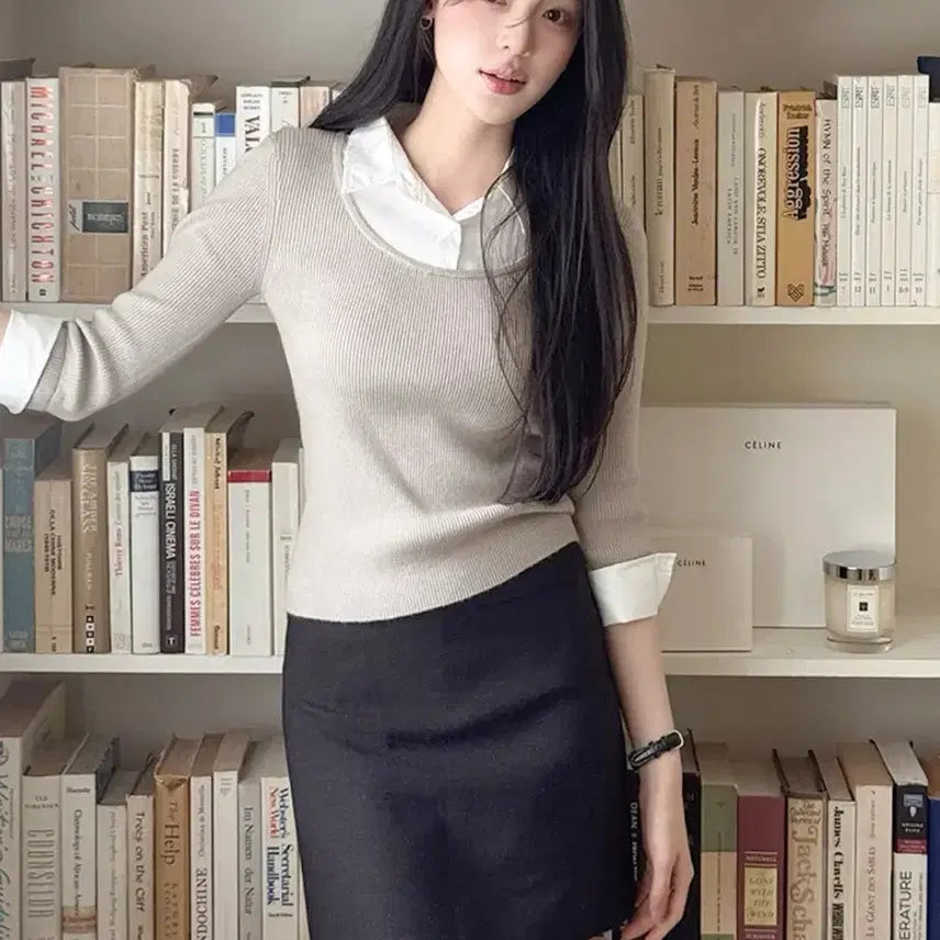 [BUNJANG] Slowand Say Shirt &amp; Layering Knit - Oat Beige / 슬로우앤드 세이 셔츠앤 레이어링 니트 오트베이지