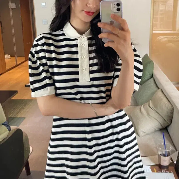 [BUNJANG] AND YOU WIMIRI Stripe Short Sleeve Collar Mini Dress / 앤유 WIMIRI 스트라이프 반팔 카라 미니 원피스 퍼프플레어여행룩휴가룩