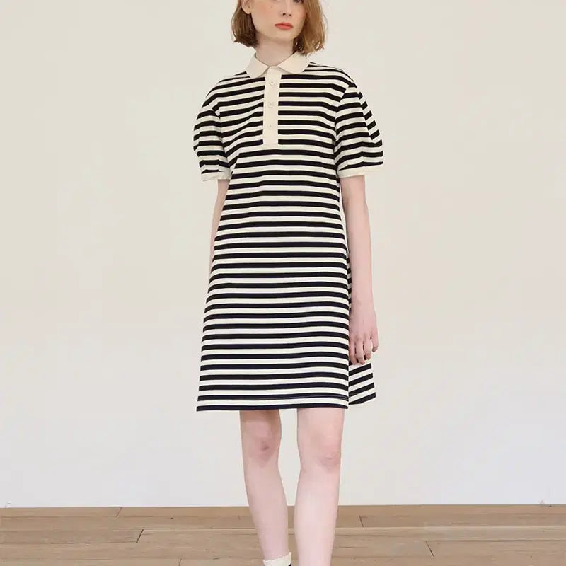 [BUNJANG] AND YOU WIMIRI Stripe Short Sleeve Collar Mini Dress / 앤유 WIMIRI 스트라이프 반팔 카라 미니 원피스 퍼프플레어여행룩휴가룩