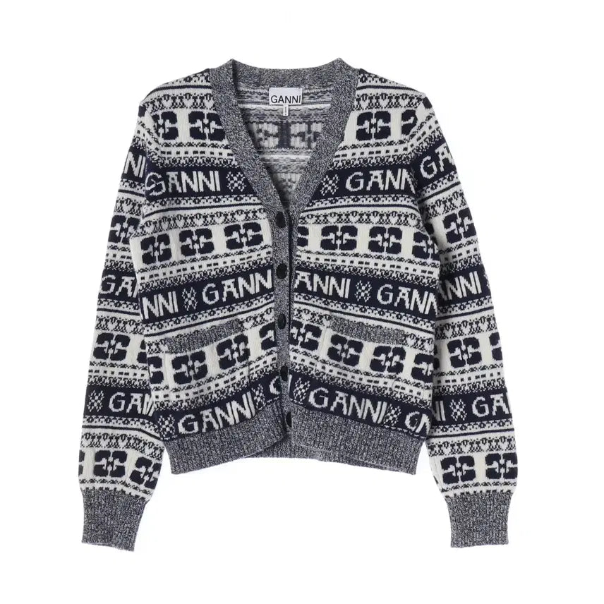 [BUNJANG] GANNI 23FW Logo Pattern Intarsia V-Neck Wool Cardigan / 가니 23FW 로고 패턴 인타르시아 브이넥 울 가디건