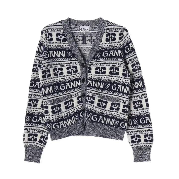 [BUNJANG] GANNI 23FW Logo Pattern Intarsia V-Neck Wool Cardigan / 가니 23FW 로고 패턴 인타르시아 브이넥 울 가디건