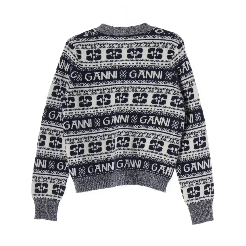 [BUNJANG] GANNI 23FW Logo Pattern Intarsia V-Neck Wool Cardigan / 가니 23FW 로고 패턴 인타르시아 브이넥 울 가디건