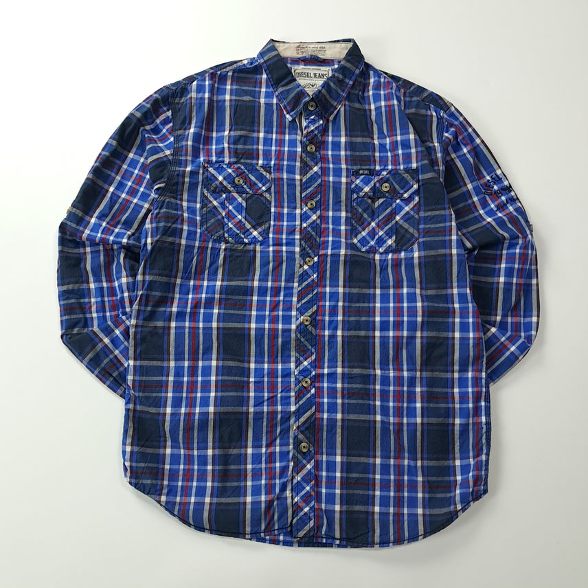 [BUNJANG] Diesel 00s L Blue Plaid Check Work Shirt / CK493 L 디젤 00s 롤업 블루 플래드 체크 워크 셔츠 남방