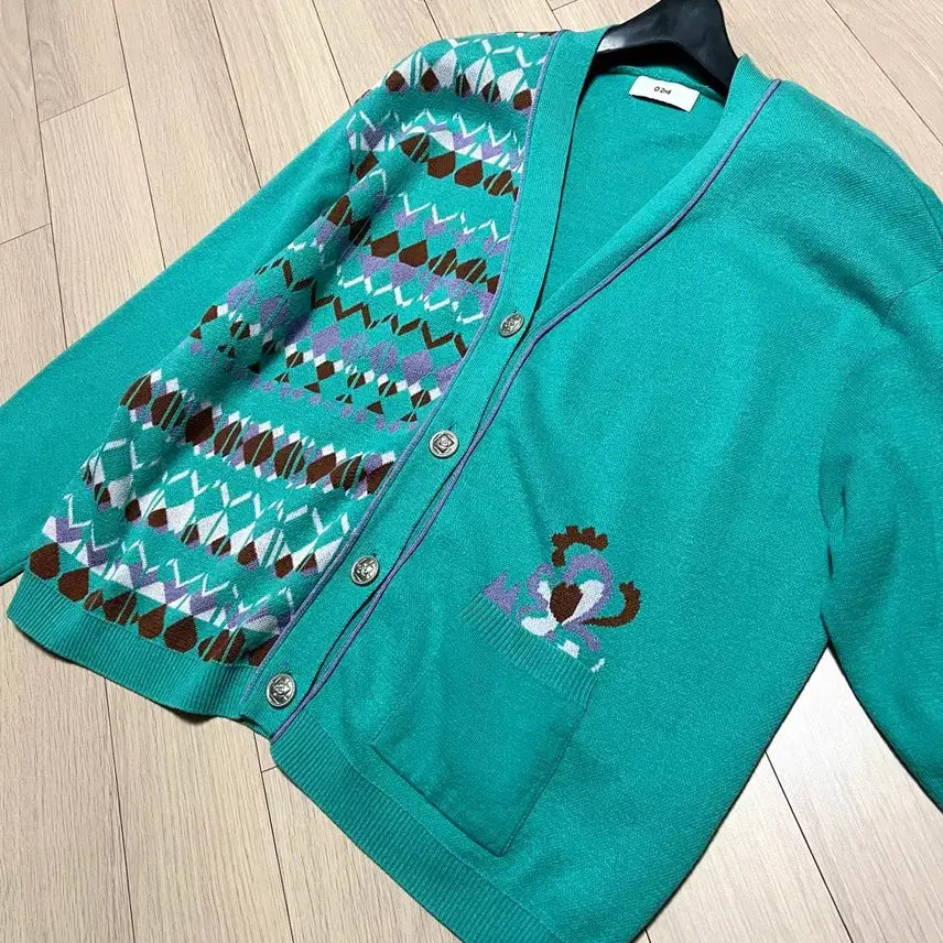 [BUNJANG] O2nd (Ozscecon) Mint Pattern Wool Blend Cardigan / 한섬 오즈세컨 O2nd 언발 패턴 울혼방 가디건 민트 브이넥은장단추봄가을