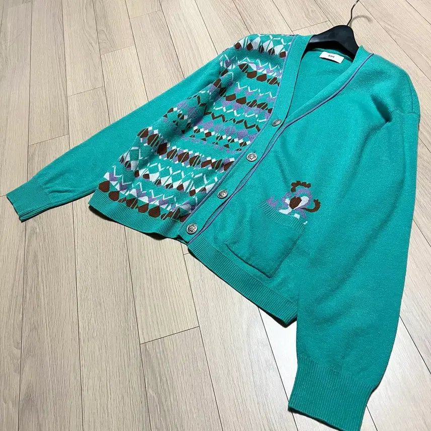 [BUNJANG] O2nd (Ozscecon) Mint Pattern Wool Blend Cardigan / 한섬 오즈세컨 O2nd 언발 패턴 울혼방 가디건 민트 브이넥은장단추봄가을