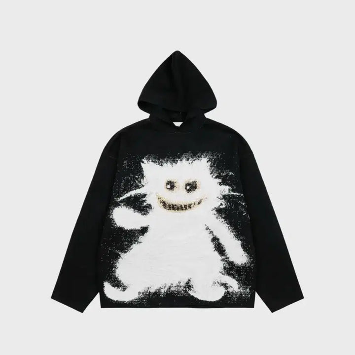 [BUNJANG] Personal Own Madcat Knit Jacquard Hoodie Black / 퍼스널 오운 매드캣 니트 자카드 후디 블랙