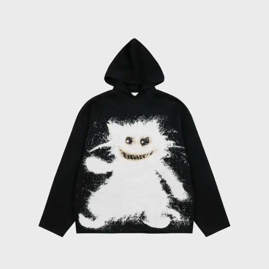 [BUNJANG] Personal Own Madcat Knit Jacquard Hoodie Black / 퍼스널 오운 매드캣 니트 자카드 후디 블랙