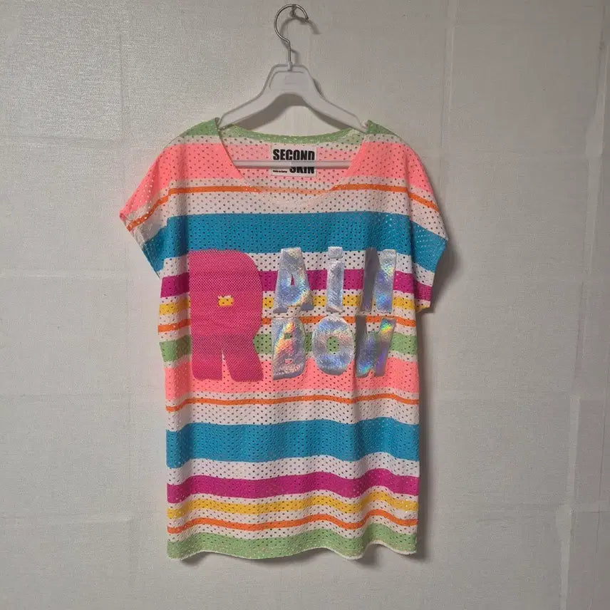 [BUNJANG] SECOND ORDIN Rainbow Stripe Short-Sleeve T-Shirt / SECOND ORIN 레인보우 스트라이프 반팔 티셔츠