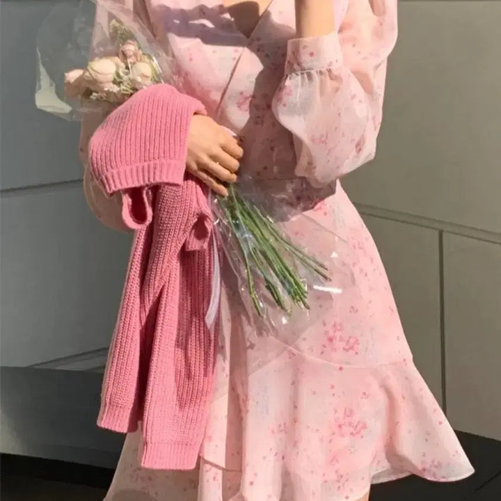 [BUNJANG] ATTRANGE Pink Flower Chiffon Mini Dress / 아뜨랑스 핑크 플라워 쉬폰 원피스