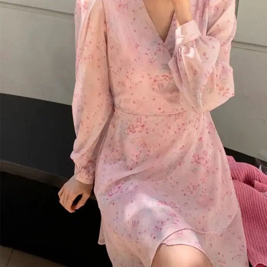 [BUNJANG] ATTRANGE Pink Flower Chiffon Mini Dress / 아뜨랑스 핑크 플라워 쉬폰 원피스