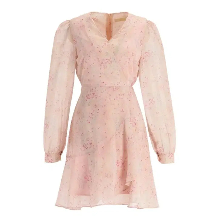[BUNJANG] ATTRANGE Pink Flower Chiffon Mini Dress / 아뜨랑스 핑크 플라워 쉬폰 원피스