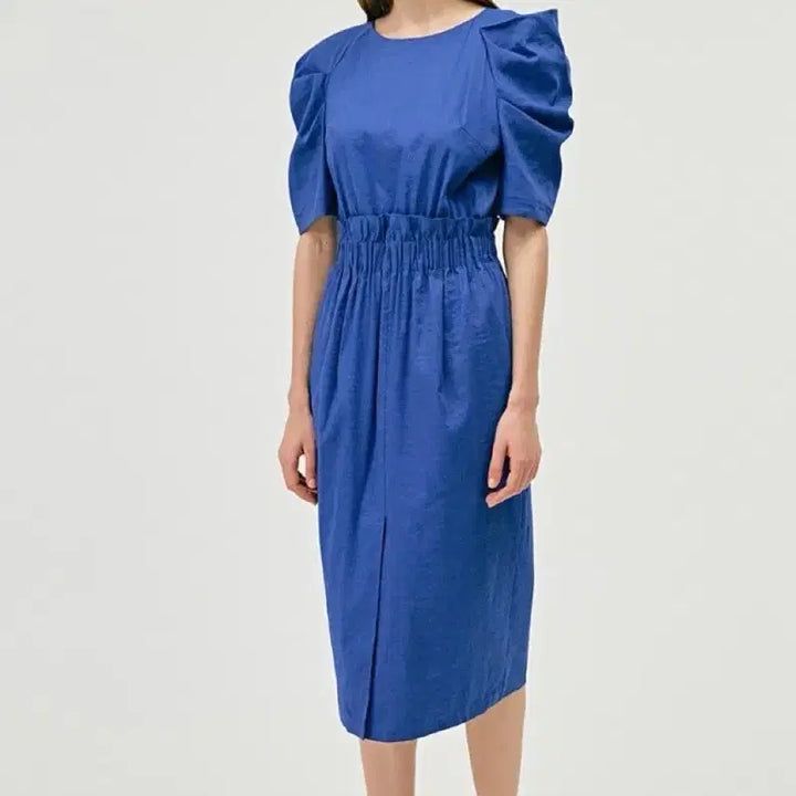 [BUNJANG] TIME Linen Blend Puff Sleeve Long Dress - Blue / 한섬 타임 TIME 린넨스판 퍼프 롱원피스 블루반팔5부셔링여름돌잔치하객룩