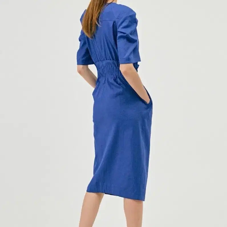 [BUNJANG] TIME Linen Blend Puff Sleeve Long Dress - Blue / 한섬 타임 TIME 린넨스판 퍼프 롱원피스 블루반팔5부셔링여름돌잔치하객룩