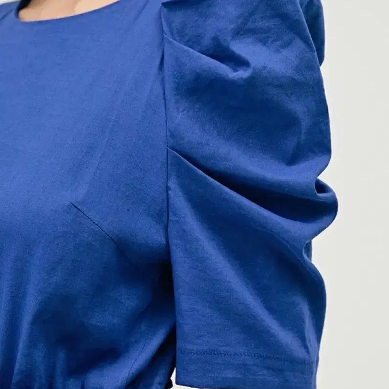 [BUNJANG] TIME Linen Blend Puff Sleeve Long Dress - Blue / 한섬 타임 TIME 린넨스판 퍼프 롱원피스 블루반팔5부셔링여름돌잔치하객룩