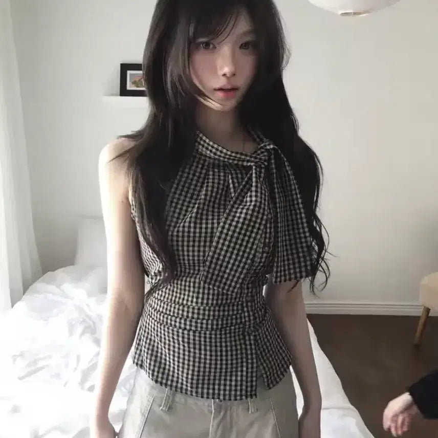 [BUNJANG] High Ribbon Check Shirring Blouse / 하이 리본 체크 셔링 블라우스