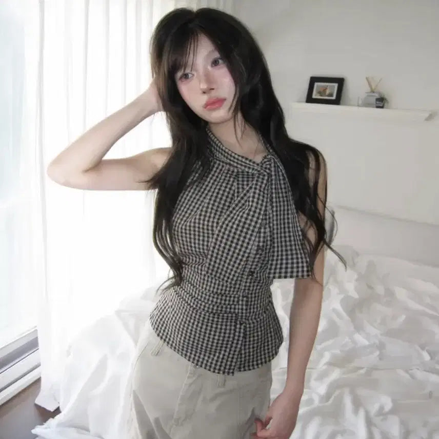[BUNJANG] High Ribbon Check Shirring Blouse / 하이 리본 체크 셔링 블라우스
