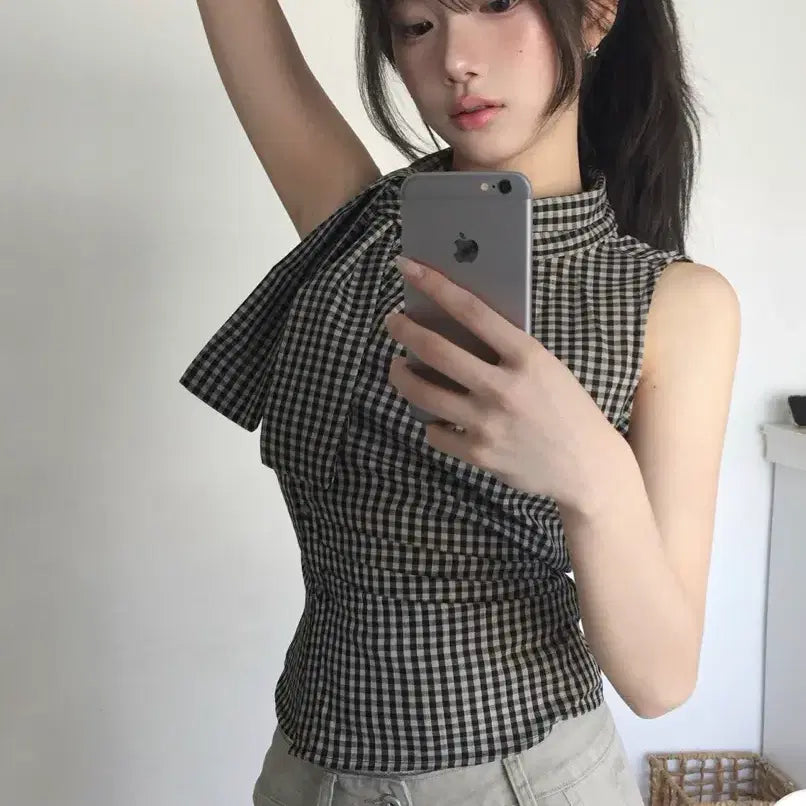 [BUNJANG] High Ribbon Check Shirring Blouse / 하이 리본 체크 셔링 블라우스