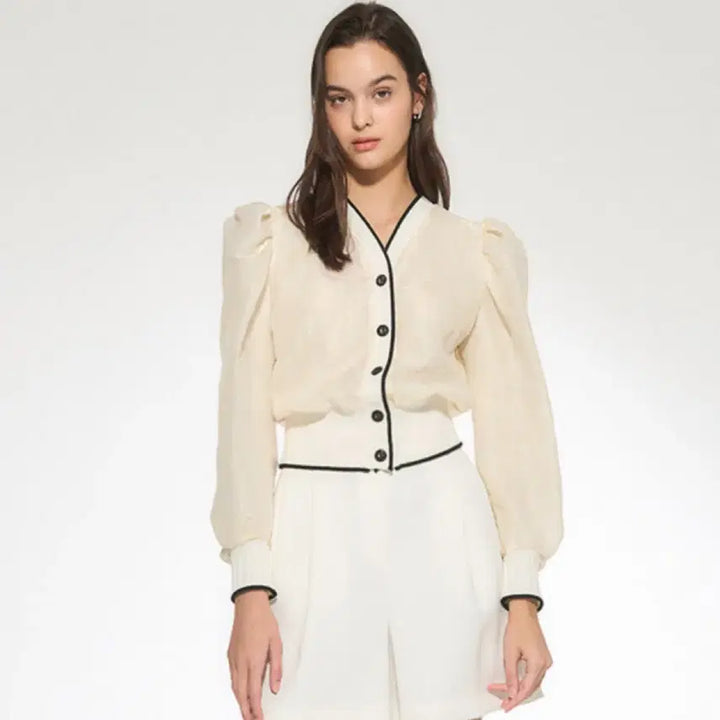 [BUNJANG] OBZEE Glossy Puff Blouse Cardigan Gold Jacquard Sheer / 23년 한섬 오브제 OBZEE 글로시 퍼프 블라우스 가디건 골드자카드쉬어