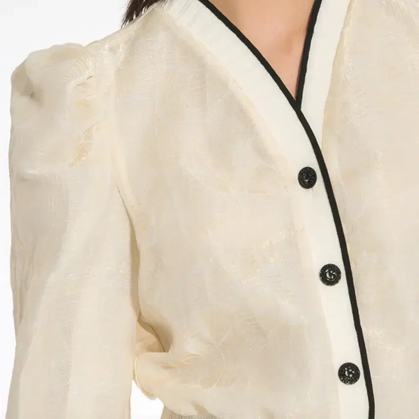 [BUNJANG] OBZEE Glossy Puff Blouse Cardigan Gold Jacquard Sheer / 23년 한섬 오브제 OBZEE 글로시 퍼프 블라우스 가디건 골드자카드쉬어