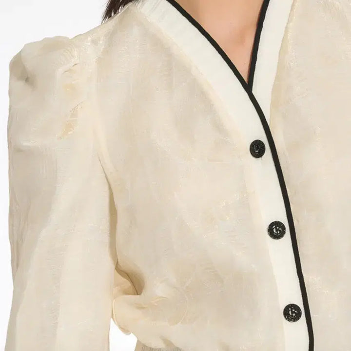 [BUNJANG] OBZEE Glossy Puff Blouse Cardigan Gold Jacquard Sheer / 23년 한섬 오브제 OBZEE 글로시 퍼프 블라우스 가디건 골드자카드쉬어