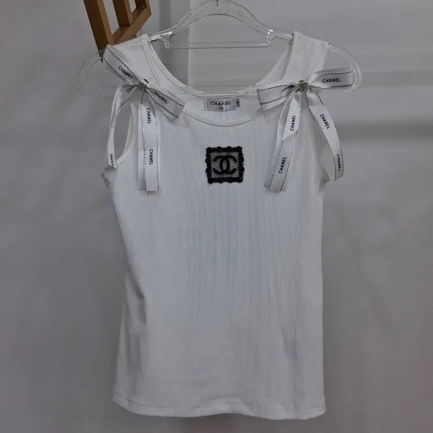 [BUNJANG] White Ribbon Sleeveless Tank Top (Size 66) / 리본 장식 화이트 민소매 나시66