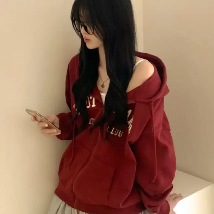[BUNJANG] Lettering Loose Fit Hooded Zip-Up Burgundy / 레터링 루즈핏 후드집업 버건디