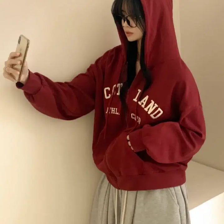 [BUNJANG] Lettering Loose Fit Hooded Zip-Up Burgundy / 레터링 루즈핏 후드집업 버건디