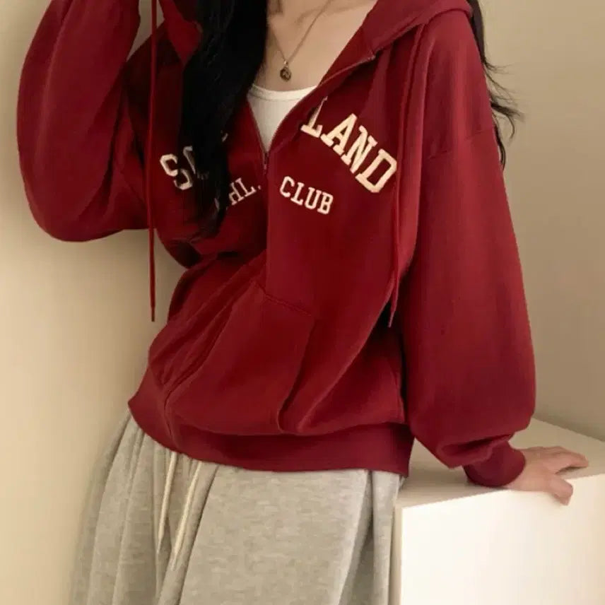 [BUNJANG] Lettering Loose Fit Hooded Zip-Up Burgundy / 레터링 루즈핏 후드집업 버건디