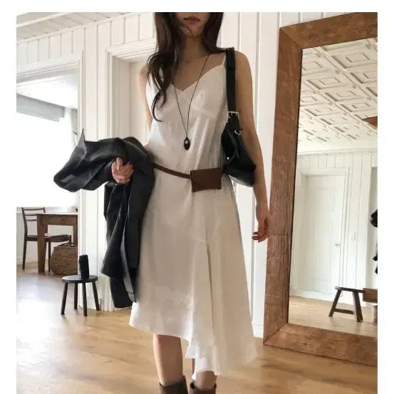 [BUNJANG] Asymmetric Lace Camisole Layered Dress / 언발 레이스 나시 레이어드 원피스