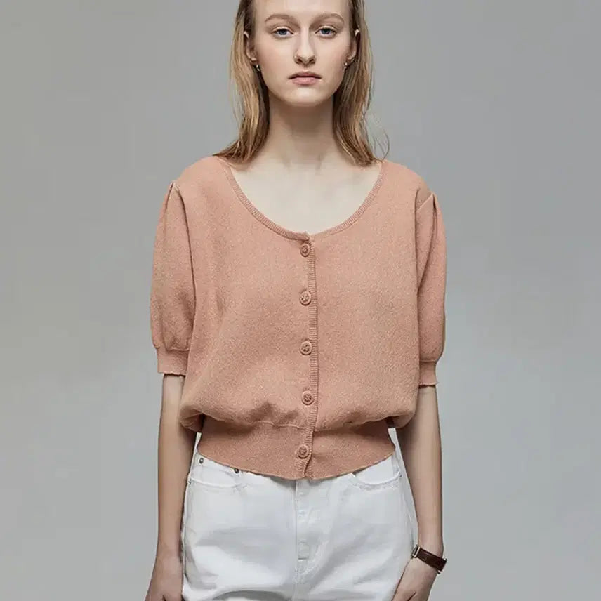 [BUNJANG] Dunst Scoop Neck Puff Cardigan Coral S / 던스트 스쿱넥 퍼프 가디건 코랄 s사이즈