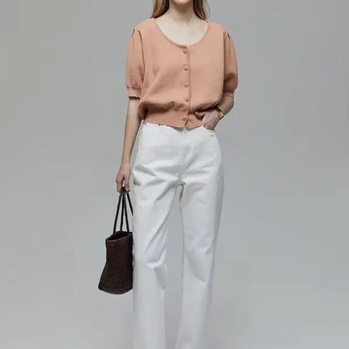 [BUNJANG] Dunst Scoop Neck Puff Cardigan Coral S / 던스트 스쿱넥 퍼프 가디건 코랄 s사이즈