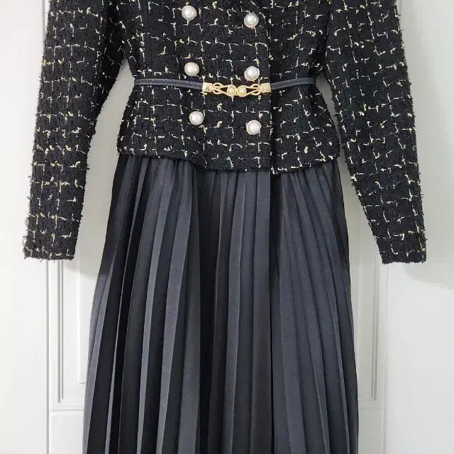 [BUNJANG] Bicini Tweed Black Dress Belt Set / 바이씨니 트위드 블랙 원피스 벨트 세트