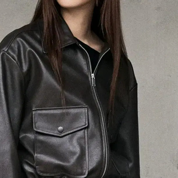 [BUNJANG] Mixxo Faux Leather Stand Collar Zip-Up Jacket MIWJLDT01C / 미쏘 페이크 레더 스탠카라 집업 자켓_MIWJLDT01C