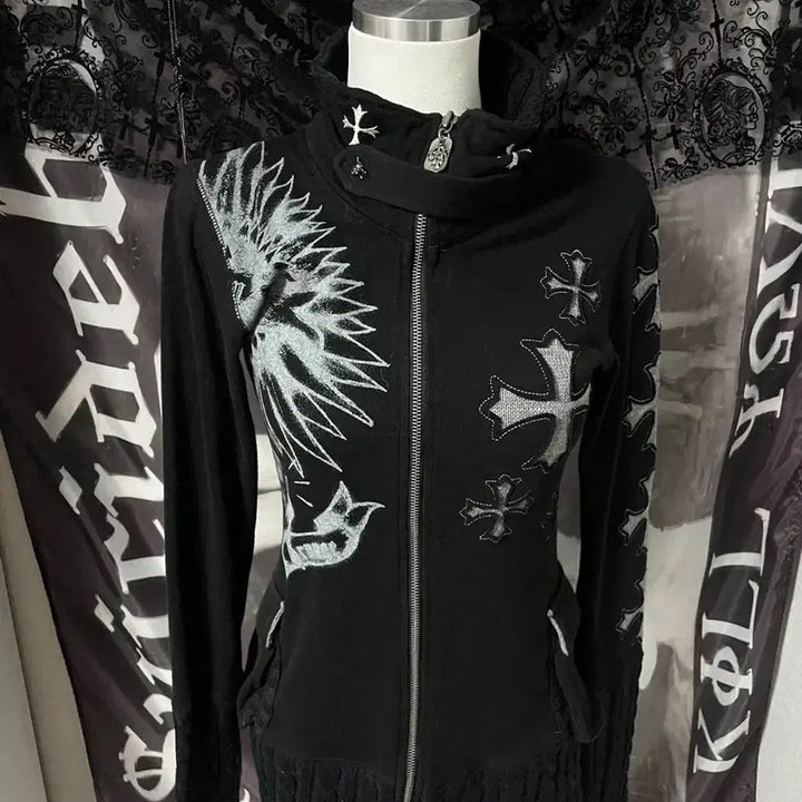 [BUNJANG] Vkei Glitz 00s Punk Knit Zip-Up Hoodie / Vkei 00s Glitz 글리츠고스크로스십자가반하이넥크롬깔펑크니트집업