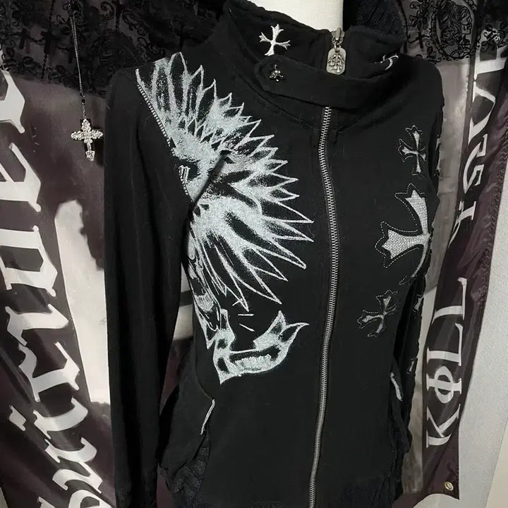 [BUNJANG] Vkei Glitz 00s Punk Knit Zip-Up Hoodie / Vkei 00s Glitz 글리츠고스크로스십자가반하이넥크롬깔펑크니트집업